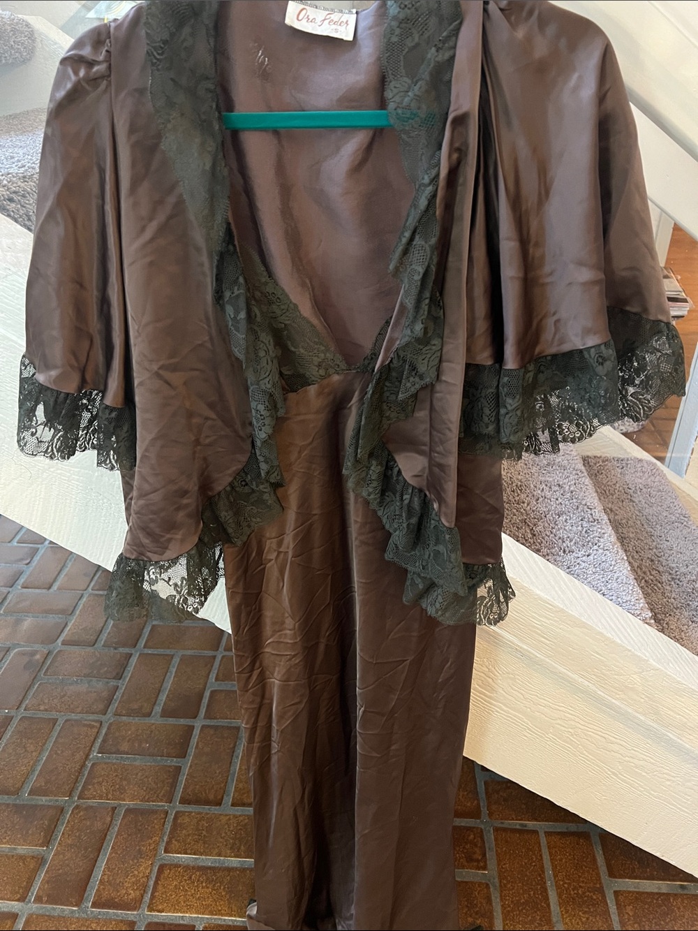 Vintage Movie Star Women's Brown Satin Robe with Black Lace Trim  S